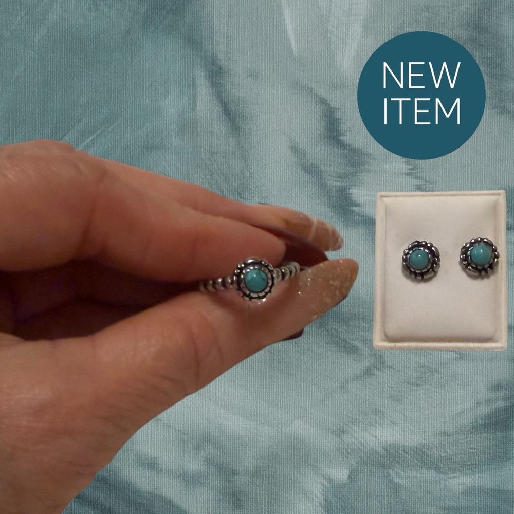 Turquoise Silver Steel Jewelry Set Ring Size 6
